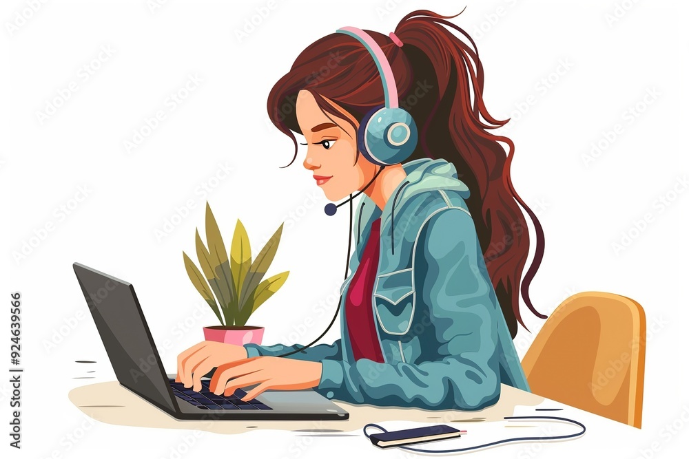 Illustration of a student studying with a laptop, wearing headphones and a plaid shirt, surrounded by books and a plant on a desk Illustration of a student studying with a laptop, wearing headphones and a plaid shirt, surrounded by books and a plant on a desk
