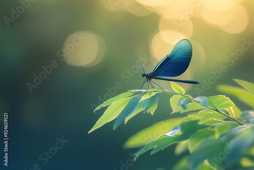 Male calopteryx virgo perches on green plant leaves in baden w rttemberg, germany photo