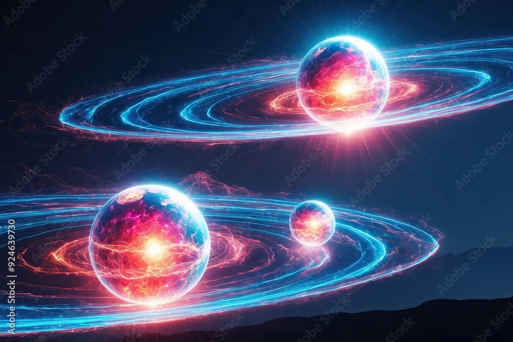 Obraz premium Vibrant Mystical Orbs Glowing in a Surreal Midnight Landscape