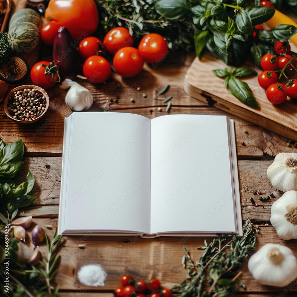 Blank cookbook open on a wooden table surrounded by fresh herbs, spices, and vegetables Blank cookbook open on a wooden table surrounded by fresh herbs, spices, and vegetables