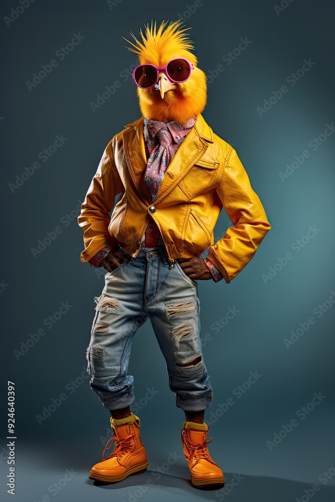 Stylish and Swagged-Out Chicken Character: Realistic Cartoon Bird in Trendy Clothing and Fashionable Pose, Combining Anthropomorphic Charm with a Playful Fashion Sense Stylish and Swagged-Out Chicken Character: Realistic Cartoon Bird in Trendy Clothing and Fashionable Pose, Combining Anthropomorphic Charm with a Playful Fashion Sense