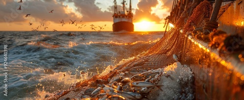 A commercial fishing vessel, its large nets brimming with diverse fish species, navigates the open sea, showcasing the realities of the fishing industry.