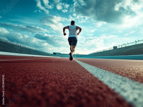 Triumphant runner crossing finish line in track race captured in dynamic photography shot