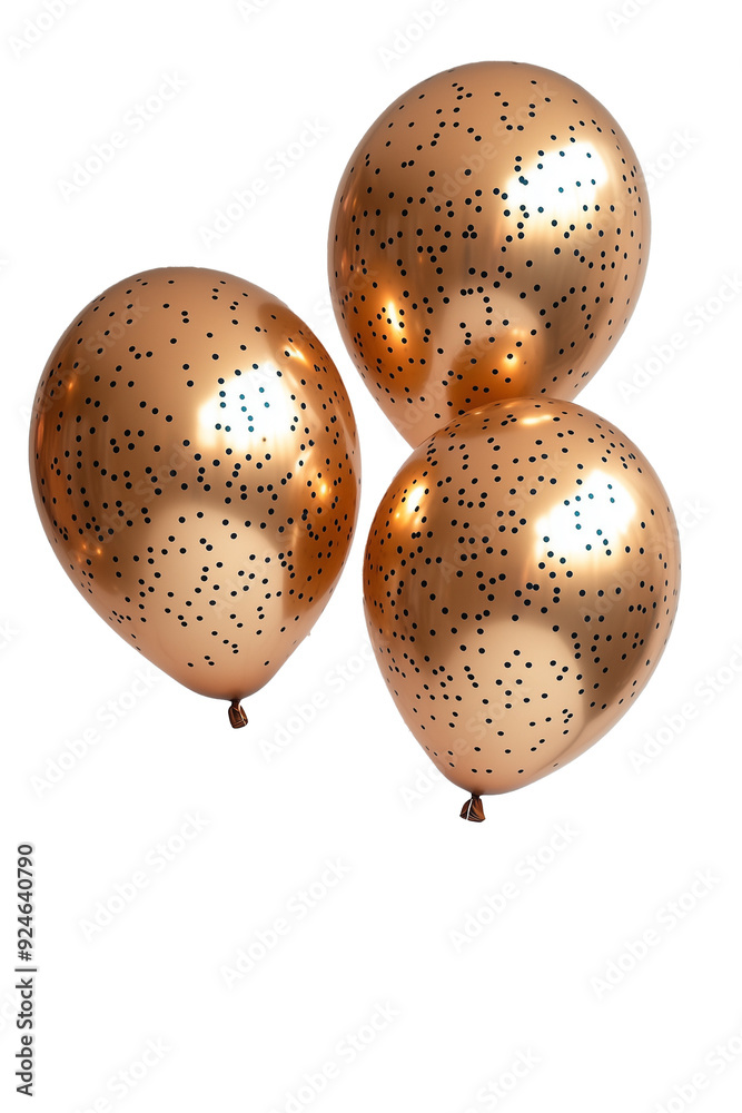 Three gold balloons with black dots on them. The balloons are floating in the air Three gold balloons with black dots on them. The balloons are floating in the air