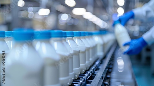 The production process of milk is in full swing as bottles move along a conveyor belt in an efficient factory setting.