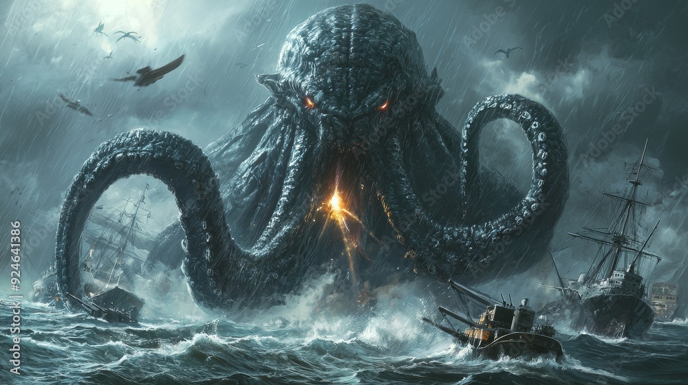 Cthulhu the giant sea monster destroying ships in a dark fantasy scene, digital art style, illustration painting Cthulhu the giant sea monster destroying ships in a dark fantasy scene, digital art style, illustration painting