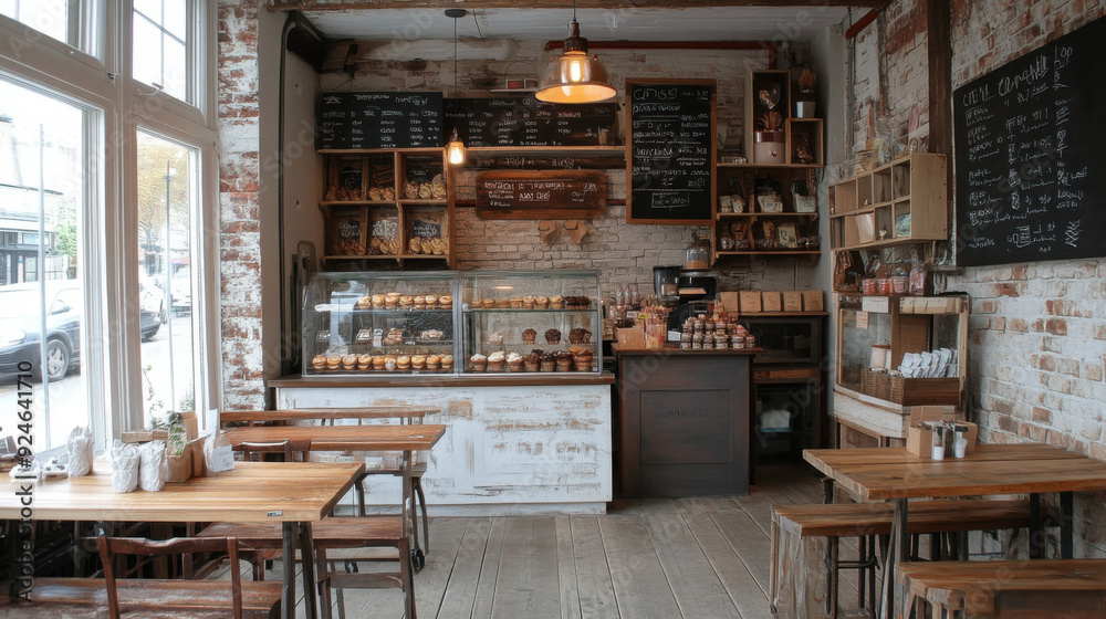 A cozy, rustic cupcake shop with wooden tables and a selection of homemade cupcakes A cozy, rustic cupcake shop with wooden tables and a selection of homemade cupcakes