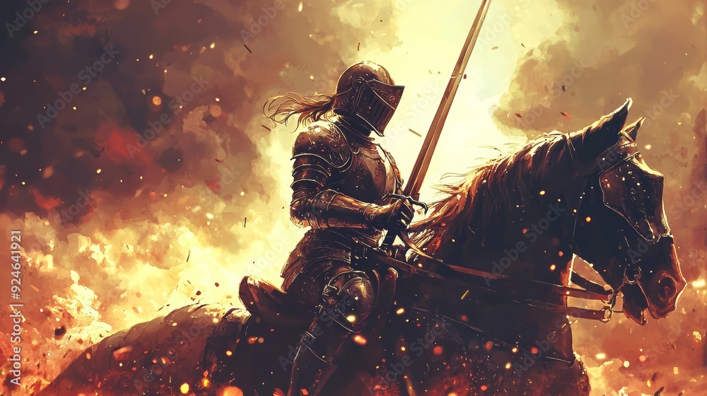 A beautiful girl knight with blue eyes rides a horse and prays to the ...