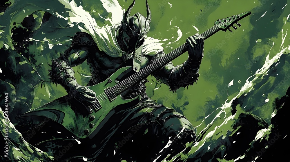 Fototapeta premium Powerful Medieval Warrior Shreds Electric Guitar Amid Dragon-Themed Stage in Anime-Inspired