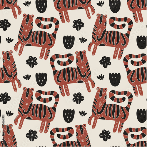 Boho funny grumpy cat toyger seamless pattern, Scandinavian childish style cute animalistic hand drawn flat tigers stripes vector illustration, adorable funny nursery tropical exotic animals, flowers