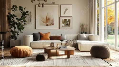 Modern living room interior in warm autumn colors with cozy furniture, stylish decor, and natural lighting. Digital art showcasing seasonal ambiance and contemporary design. AI generated illustration.