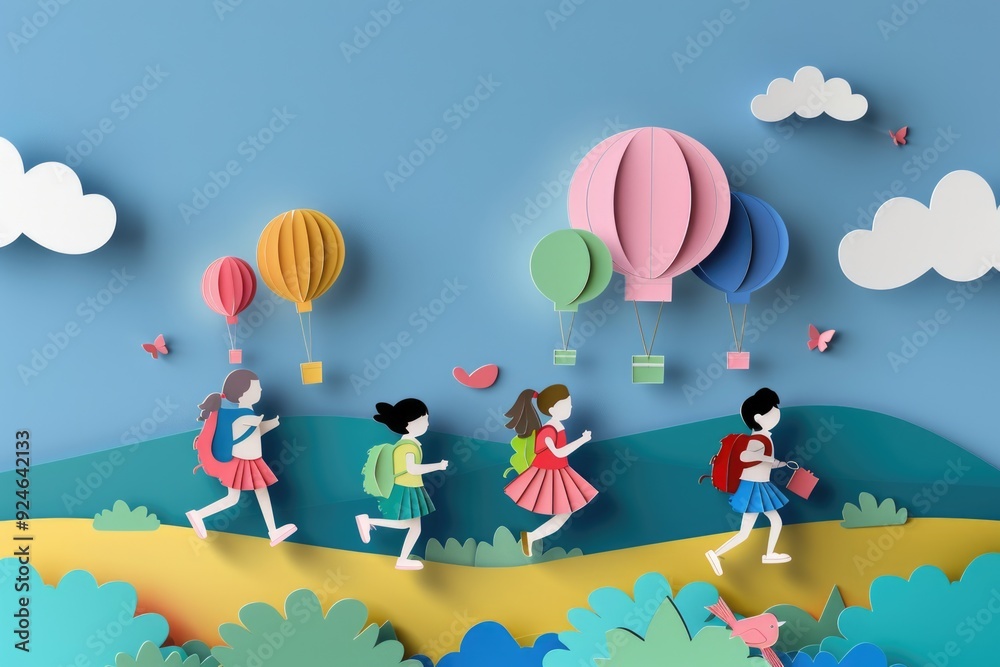 A group of kids soaring through the air with their backpacks, ideal for illustrations and designs related to imagination and adventure A group of kids soaring through the air with their backpacks, ideal for illustrations and designs related to imagination and adventure