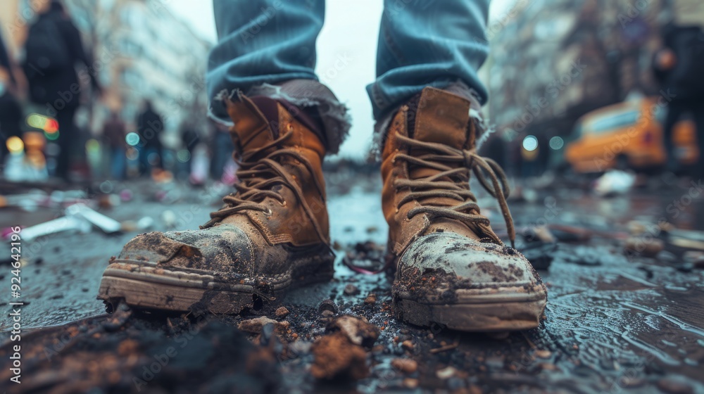 The image captures the urban style in a gloomy atmosphere, featuring worn sneakers and faded jeans against the backdrop of a rainy city. The image captures the urban style in a gloomy atmosphere, featuring worn sneakers and faded jeans against the backdrop of a rainy city.