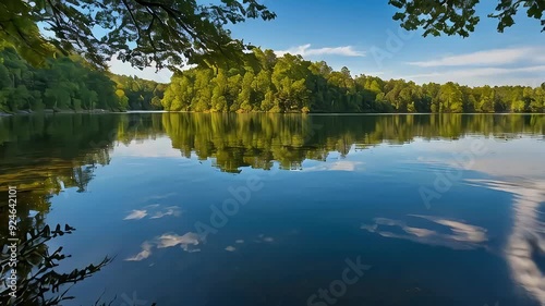 Lakeside reflections animation. Perfect reflections of trees and sky on calm water. Stunning landscape design. photo