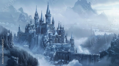 Fairy tale castle in winter, snow covered spires, magical kingdom