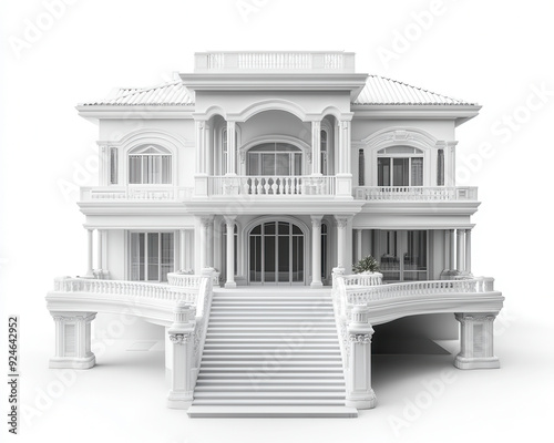 3d generated white unique building mockup, isolated white background.