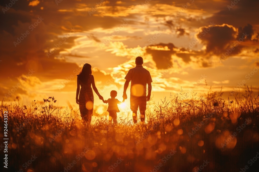 A family enjoying a walk together in a lush green field during the warm glow of sunset A family enjoying a walk together in a lush green field during the warm glow of sunset