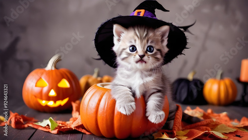 Adorable kitten wearing Halloween costume, adorable kitten on Halloween, Halloween background, cute pet on Halloween, pet halloween costume, ai generated