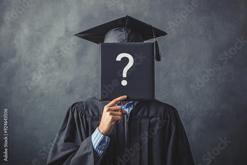 University graduate student in graduation robe holds diploma with question mark in front of him. What to do after graduating from university photo