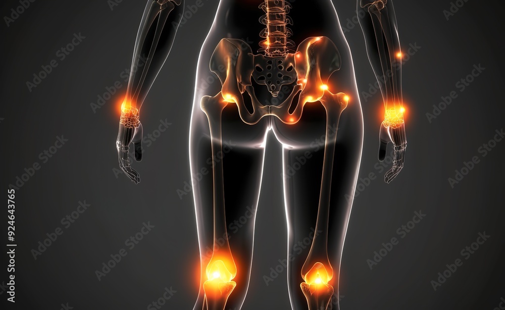 An illustration of the female human body with glowing orange dots on ...