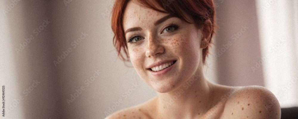 Portrait of a young red-haired woman with a bright smile in a minimalist style. Portrait of a young red-haired woman with a bright smile in a minimalist style.