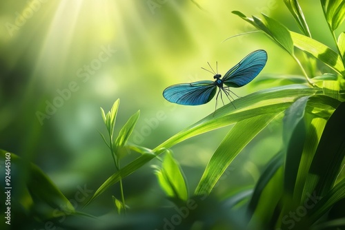 Male calopteryx virgo resting on vibrant green plant in baden w rttemberg, germany photo