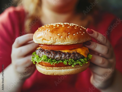 Overweight woman eating hamburger and soda, illustrating concept of unhealthy diet and obesity