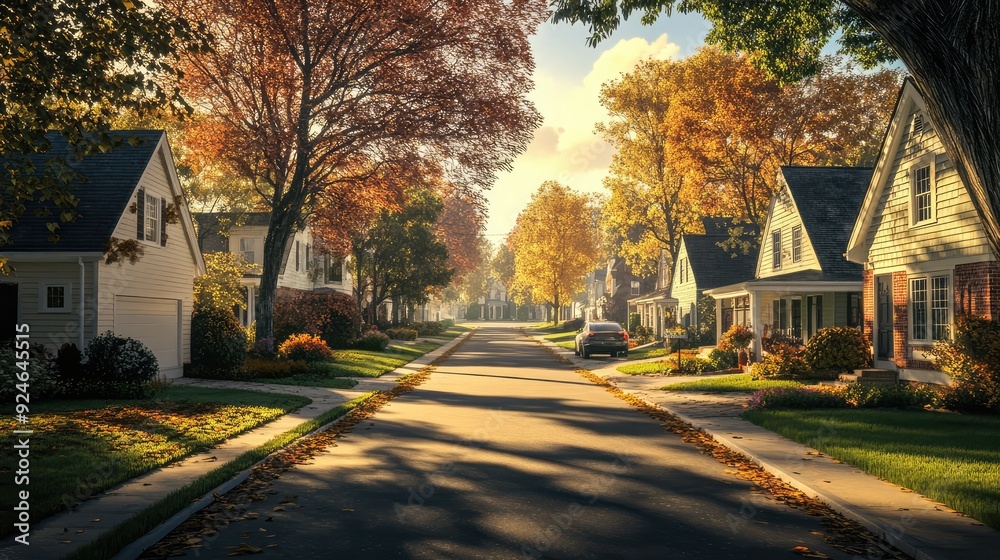 Naklejka premium A street lined with suburban cottages in an autumn. The generation of AI