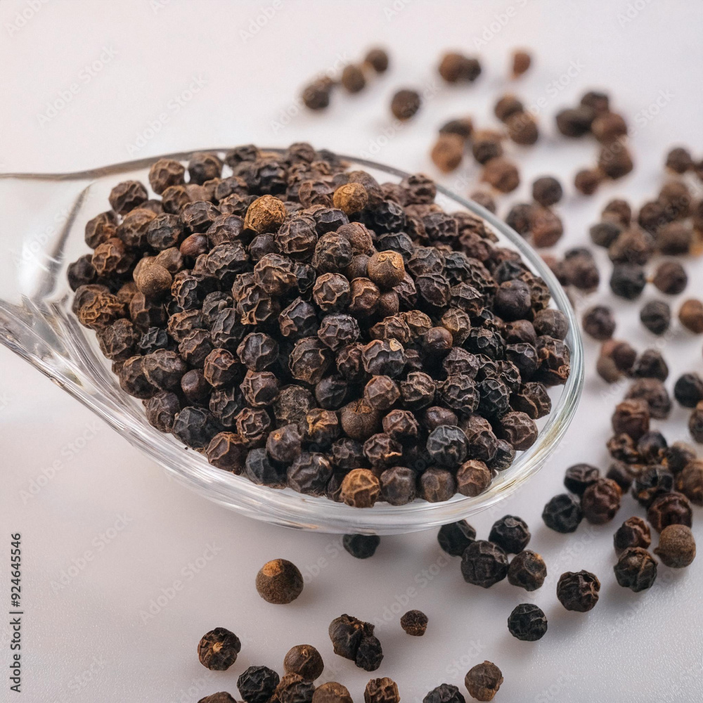 Black Pepper glass bowl with wooden spoons on white background. ai generated Black Pepper glass bowl with wooden spoons on white background. ai generated
