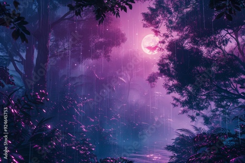 Gentle rain falling on a peaceful morning scene