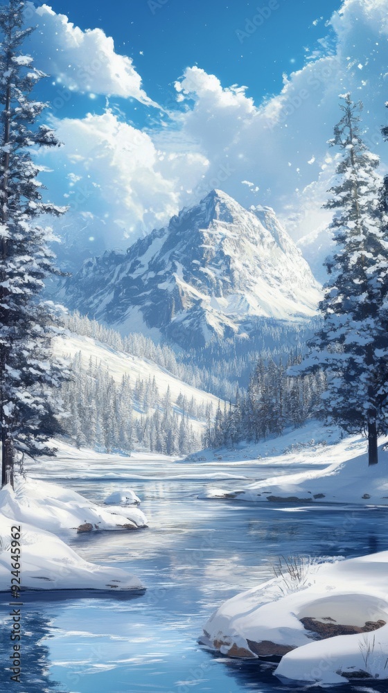 Fototapeta premium Enchanted Yellowstone Winter Wonderland: A 4K Fantasy Animation Style Wallpaper with Wildlife and Snowy Landscapes, storybook illustrations, comic strips, book illustrations and picture books,Abstract