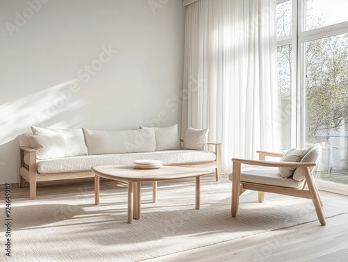 A living room with a white couch, a coffee table, and a chair