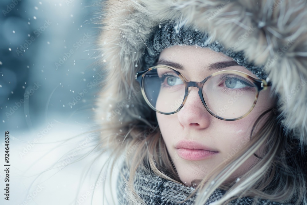 Winter Glasses. Portrait of Beautiful Woman in Fur Glasses Shivering in Snowy Weather Winter Glasses. Portrait of Beautiful Woman in Fur Glasses Shivering in Snowy Weather