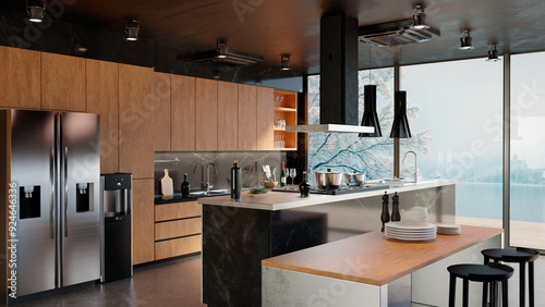 3D render of a contemporary kitchen with natural wood and marble materials.Huge middle island with a durable porcelain countertop allows for ample meal prep and gathering space.