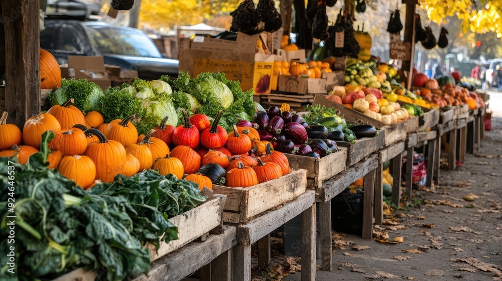 Fototapeta premium Fall, fall farmers bring their pumpkin vegetables to market. The generation of AI