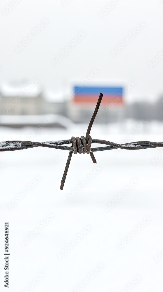 A stark winter landscape with barbed wire and the colors of the Russian flag in the background A stark winter landscape with barbed wire and the colors of the Russian flag in the background