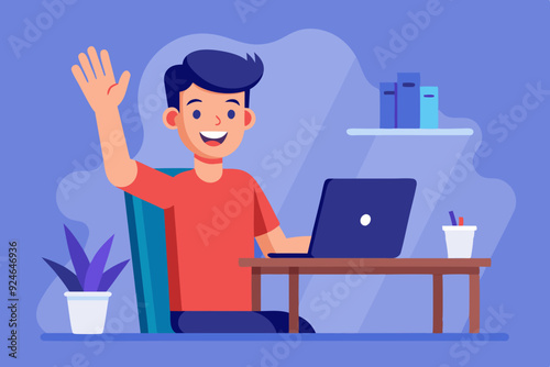 Cheerful Young Man Waving at Laptop