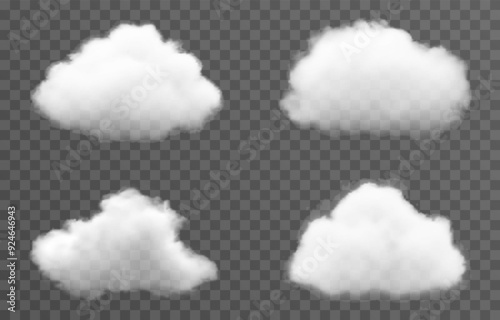 Set of vector clouds, fog or smoke on an isolated transparent background. Cloud, smoke, png.