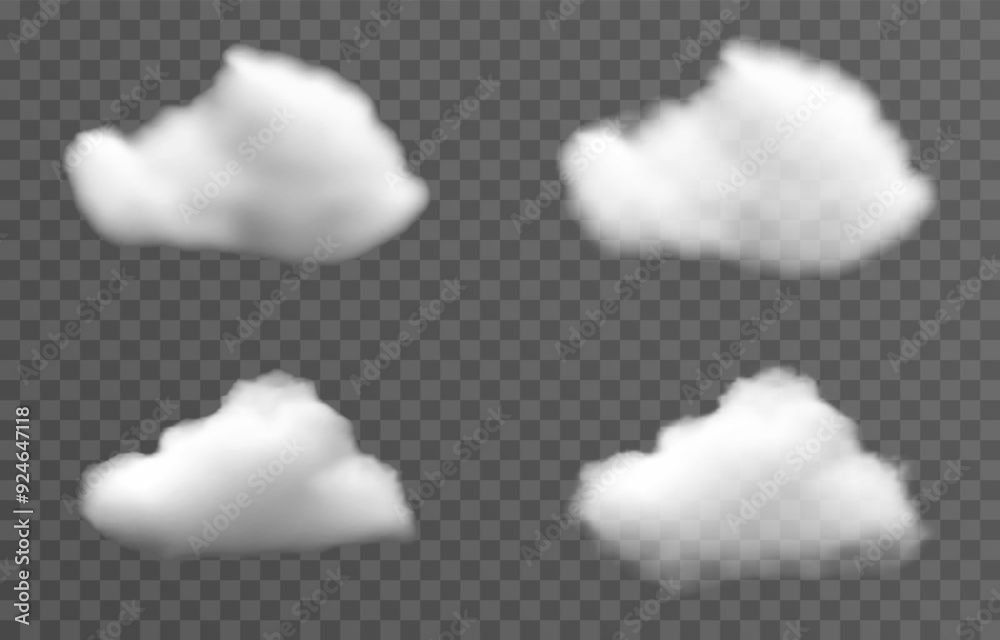 Set of vector clouds, fog or smoke on an isolated transparent background. Cloud, smoke, png.
