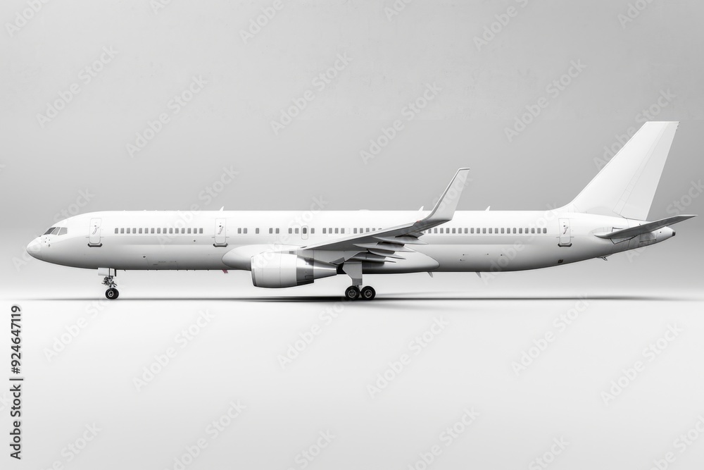 A single white airplane sits on a gray surface, ready to take off