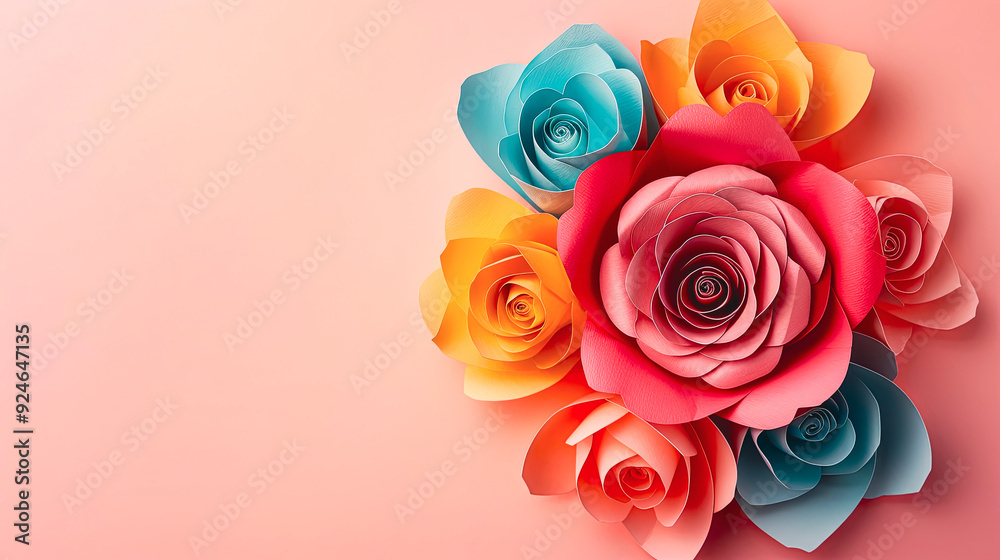 Paper Rose Bouquet: A delicate arrangement of colorful paper roses against a soft pink background, evoking a sense of handcrafted beauty and artistry. Paper Rose Bouquet: A delicate arrangement of colorful paper roses against a soft pink background, evoking a sense of handcrafted beauty and artistry.