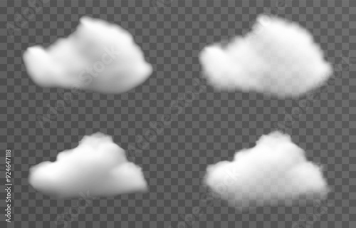 Set of vector clouds, fog or smoke on an isolated transparent background. Cloud, smoke, png.