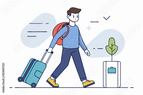 Young Man Walking with Suitcase and Backpack