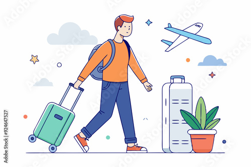 Young Man Traveling with Suitcase and Airplane