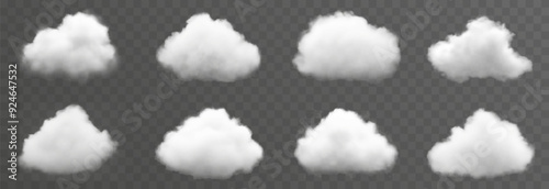 Set of vector clouds or smoke on an isolated transparent background. Cloud, smoke, fog