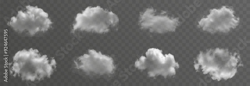 Set of vector clouds or smoke on an isolated transparent background. Cloud, smoke, fog