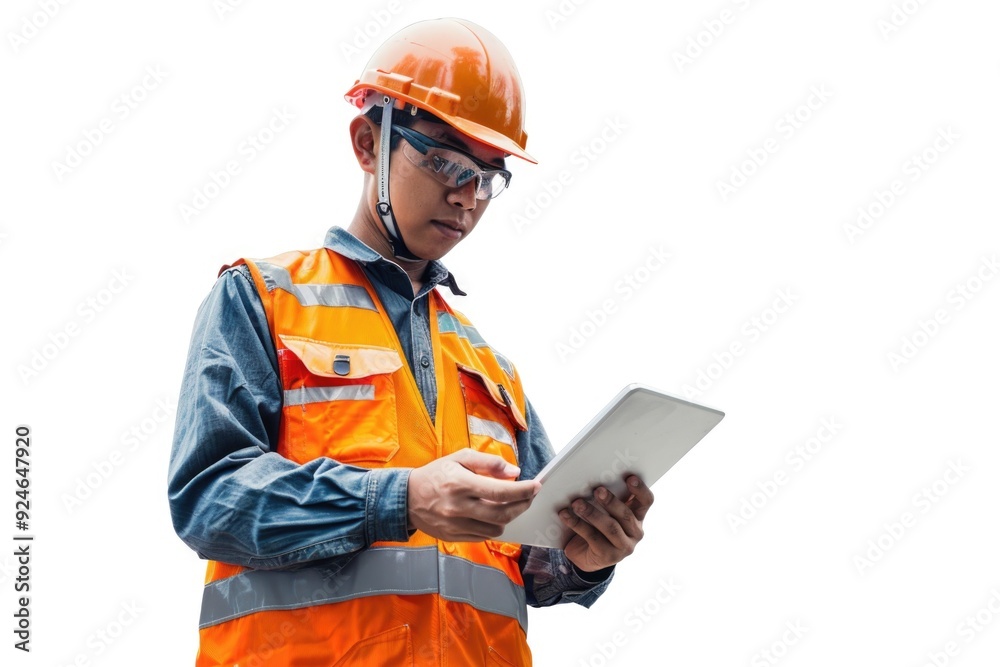 A person wearing an orange safety vest holds a tablet, likely for work or construction purposes A person wearing an orange safety vest holds a tablet, likely for work or construction purposes