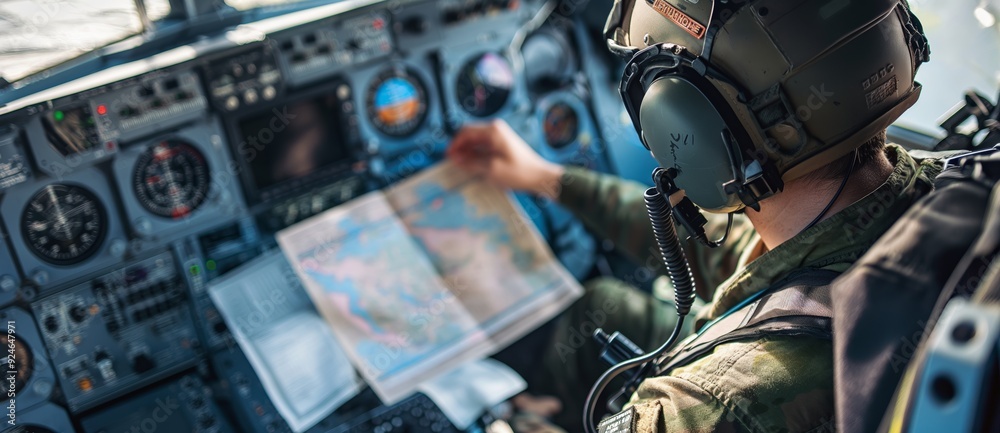 Fototapeta premium A pilot in military gear, inside a cockpit, attentively examining a large map. The dashboard is filled with varied instrumentation and gadgets.