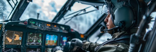 A military pilot in full gear sits in the cockpit of a helicopter, operating various controls and instruments during a flight operation over rugged terrain