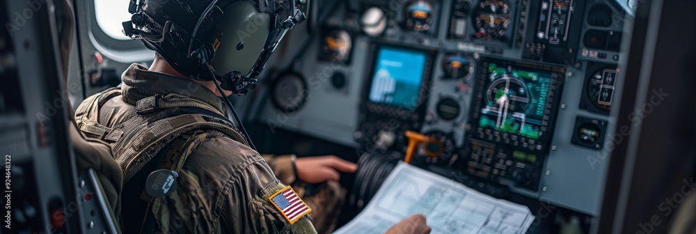 A pilot in military uniform studying a blueprint inside an advanced airplane cockpit, with multiple screens and controls around him.